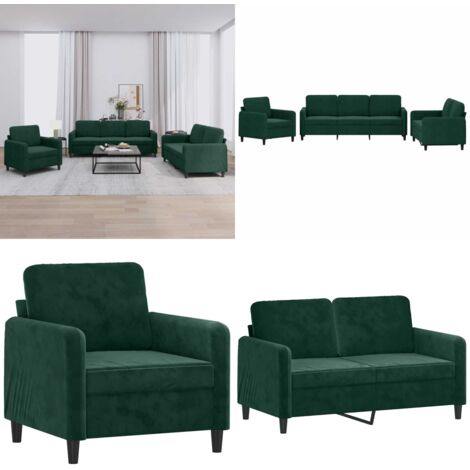 Juego de sofás 3 piezas terciopelo verde oscuro - Juego de sofás - Sofá de 3 plazas
