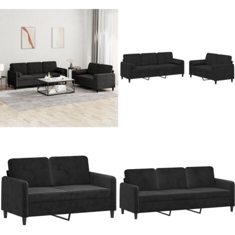 Juego de sofás con cojines 2 piezas terciopelo negro - Sofá de 3 plazas - Almohadas cilíndricas