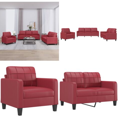 Juego de sofás con cojines 3 piezas cuero sintético rojo tinto - Sofá de 3 plazas - Sofá de 2 plazas
