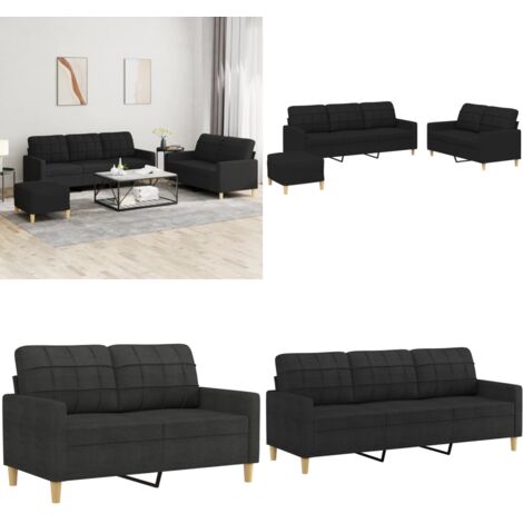 Juego de sofás con cojines 3 piezas tela negro - Sofá de 2 plazas - Reposapiés