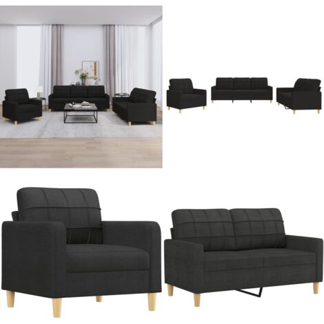 Juego de sofás con cojines 3 piezas tela negro - Sofá de 2 plazas - Sofá negro