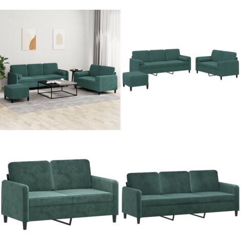 Juego de sofás con cojines 3 piezas terciopelo verde oscuro - Sofá de 2 plazas - Cojines para sofá