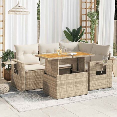 Juego de sofás jardín con cojines 5 pzas ratán sintético beige