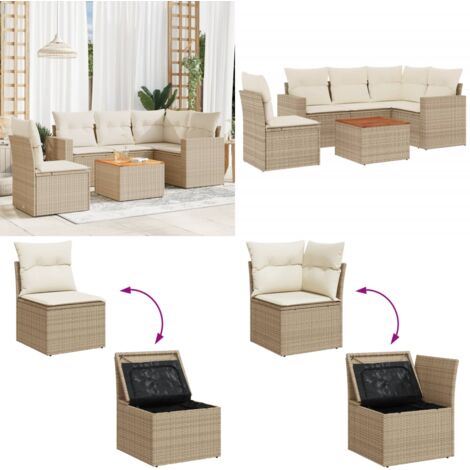 Juego de sofás jardín con cojines 6 pzas ratán sintético beige - Cojines para sofás - Ratán sintético