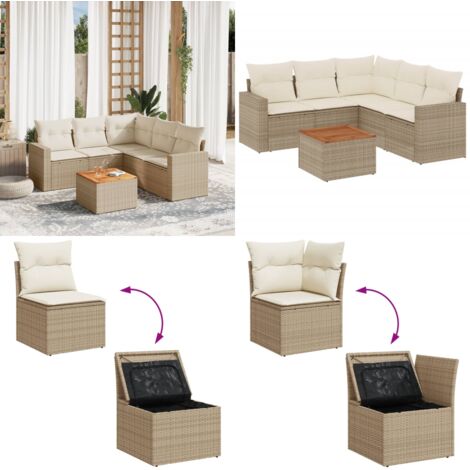 Juego de sofás jardín con cojines 6 pzas ratán sintético beige - Cojines para sofás - Ratán sintético