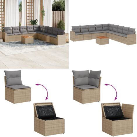 Juego de sofás jardín con cojines beige 10 pzas ratán sintético - Cojines para sofás - Ratán sintético