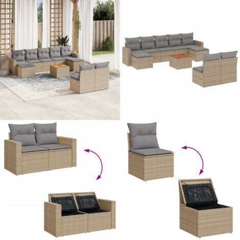 Juego de sofás jardín con cojines beige 10 pzas ratán sintético - Cojines para sofás - Ratán sintético