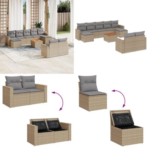 Juego de sofás jardín con cojines beige 10 pzas ratán sintético - Cojines para sofás - Ratán sintético
