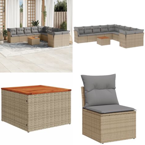 Juego de sofás jardín con cojines beige mezcla 11 pzas ratán PE - Cojines para sofás - Muebles de exterior