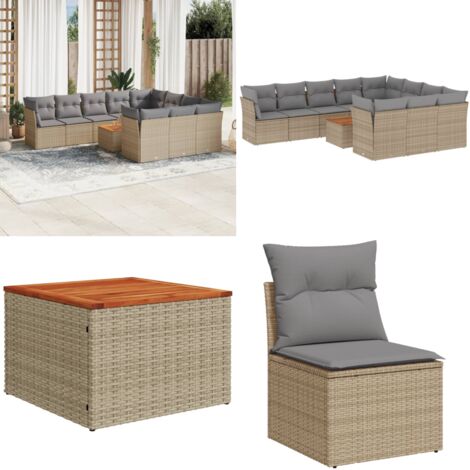 Juego de sofás jardín con cojines beige mezcla 11 pzas ratán PE - Cojines para sofás - Muebles de exterior