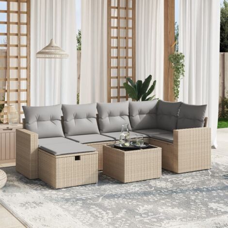 Juego de sofás jardín con cojines beige mezcla 7 pzas ratán PE vidaXL