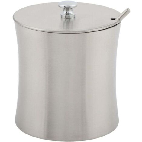 Juego de tarros de condimentos de acero inoxidable con tapas y cuchara para condimentar azúcar, sal, especias y pimienta, ideal para cocina y restaurante.