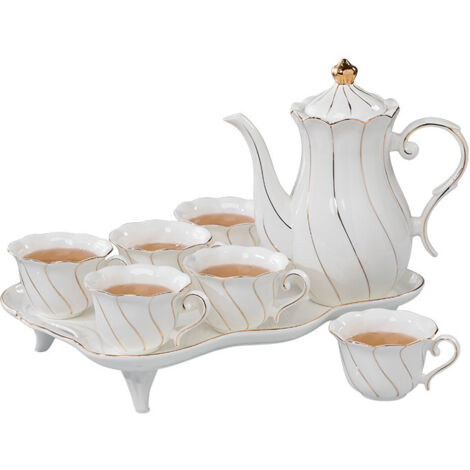 Juego de té de 8 piezas (6 piezas), con bandeja para té, juego de tazas de té/café de lujo de estilo británico con detalles dorados, sin cuchara.