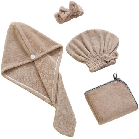 Juego de toallas de microfibra para el cabello Elementos protectores – Dimensiones: Toalla 35 x 75 cm, diadema 7 x 18 cm, gorro princesa 28 x 22 cm, gorro triangular 22 x 63 cm Juego de 1 pieza