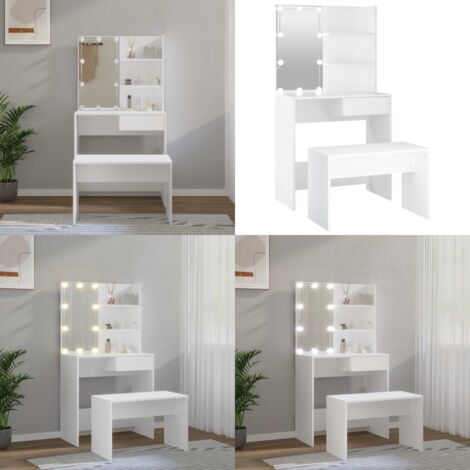 Juego de tocador con LED madera contrachapada blanco - Tocador de madera - Tocador con espejo