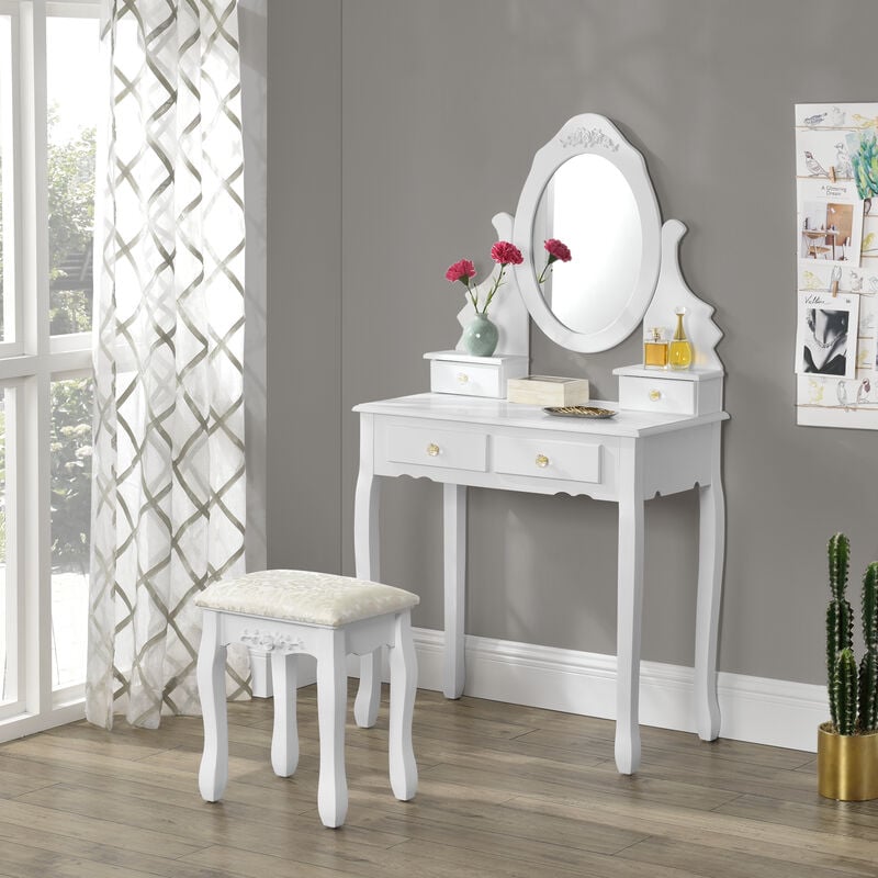 

Juego de Tocador - Mesa de maquillaje con Espejo y Taburete acolchado - 141 x 75 x 40cm - Forma Ovalada - 4 Cajones - Blanco