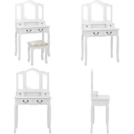 Juego de tocador y taburete madera paulownia blanco 80x69x141cm - Tocador de madera - Taburete de madera