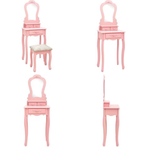 Juego de tocador y taburete madera paulownia rosa 50x59x136 cm - Mesa de tocador - Taburete de madera