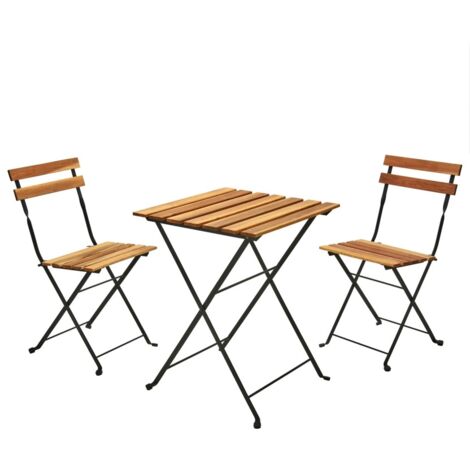 Juego de tres mesas y sillas plegables para exterior, madera de acacia y estructura de metal negro, color marrón claro