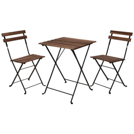 Juego de tres mesas y sillas plegables para exterior, madera de acacia y estructura de metal negro, color marrón oscuro