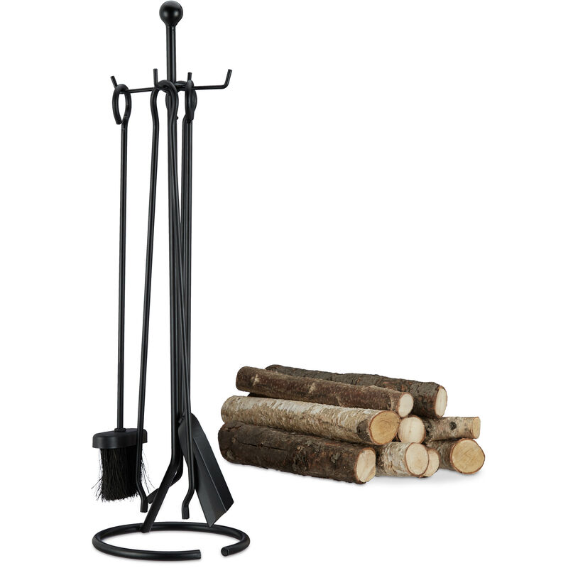 

Juego de Utensilios de Chimenea con Soporte, Acero, Negro, 5 Unidades