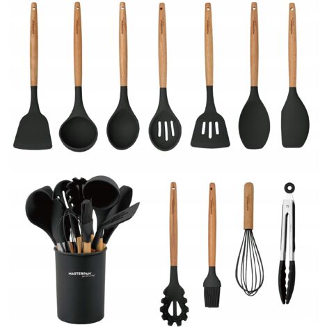 Juego de utensilios de cocina de 12 piezas SET: Cuchara, batidor, pinzas, soporte