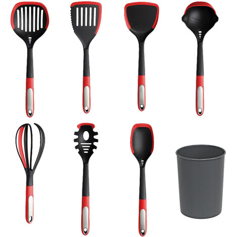 Juego de utensilios de cocina de silicona de 8 piezas, con cubo para guardar los cubiertos, resistente al calor, sin BPA y no tóxico,Gris - Gris