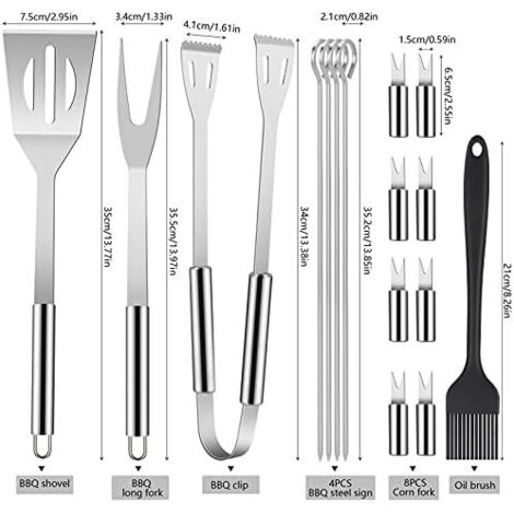 Juego de utensilios para barbacoa, 16 piezas de acero inoxidable, con caja de almacenamiento, pala, tenedor, pinzas, brochetas y cepillo, ideal para barbacoas al aire libre, acampadas o en el jardín.