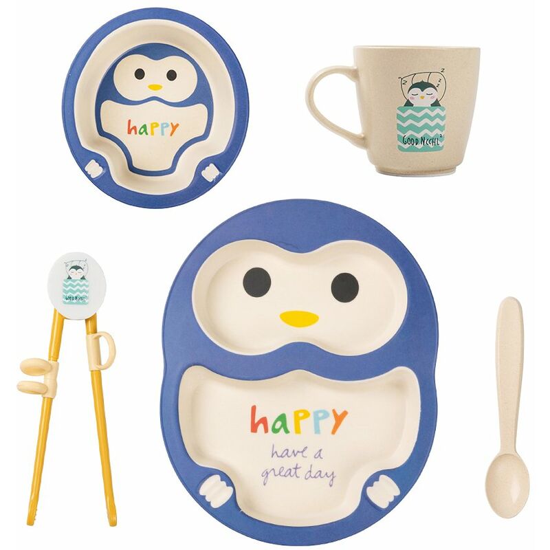 

Happyshopping - Juego de vajilla para ninos de 5 piezas, plato dividido de fibra de bambu, cuenco, taza, palillos, juego de cucharas, seguro y sin