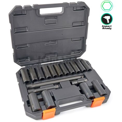 Juego de vasos de impacto largos de 1/2" de 6 caras de 10 a 24mm, 18 piezas
