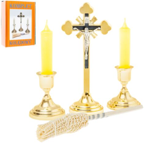 Juego de villancicos dorados, cruz tradicional, candelabros y aspersor, 19 cm