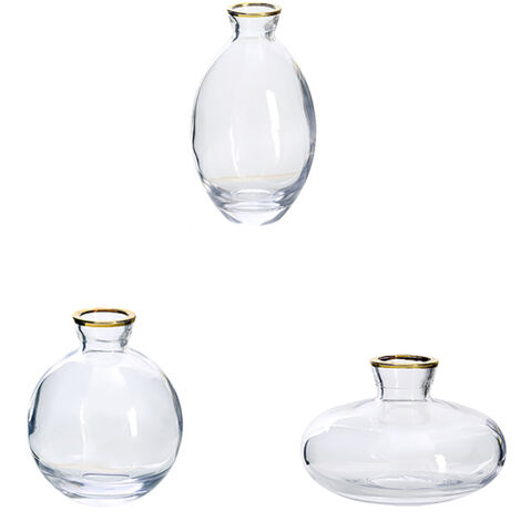 Juego decorativo de 3 jarrones de cristal transparente dorado, de uso versátil para sala de estar, baño, dormitorio, para rosas miniatura, ramos de flores secas, hierba de la pampa.