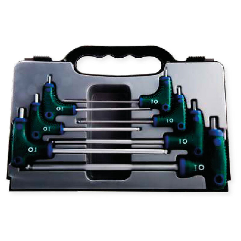 

Juego 7 destornilladores hexagonales mango en T punta de bola: HB2X100, HB2,5X100, HB3X100, HB4X100, HN5X150, HB6X150, HB8X200 KLK
