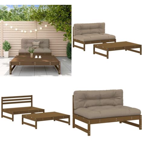 Juego muebles jardín 2 pzas y cojines madera maciza marrón miel - Sofás de exterior - Cojines de madera