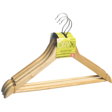 juego perchas de madera, percha curva 450 mm. (pack 3 piezas)