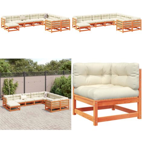 Juego sofás jardín 10 pzas con conjines madera pino marrón cera - Muebles de exterior - Sofás de jardín con cojines