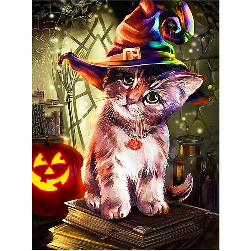 

Juegos de pintura de diamante de Halloween, arte de diamante de calabaza y gato para adultos, niños, principiantes, taladro completo, pintura de