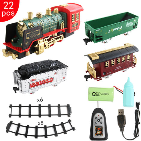 Juegos de tren de vapor con control remoto con humo, luz, sonidos, juguetes de tren eléctrico clásico con locomotora de vapor, vagones de carga y vías, alimentado por batería recargable