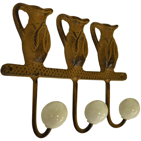 JUG - Cast Iron Wall Mounted Garden Jug Design 3 Key / Coat Hooks - Brown / White