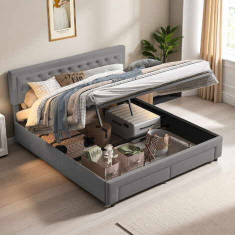 Jugendbett 160 x 200 cm – Samtstoff – 2 Schubladen – Modernes Design – Bettrahmen 160 x 200 cm – Grau
