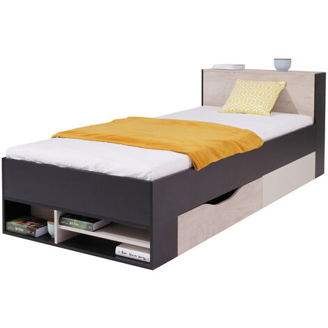 Jugendbett 90x200cm in schwarz mit Eiche und beige, PITTSBURGH-133