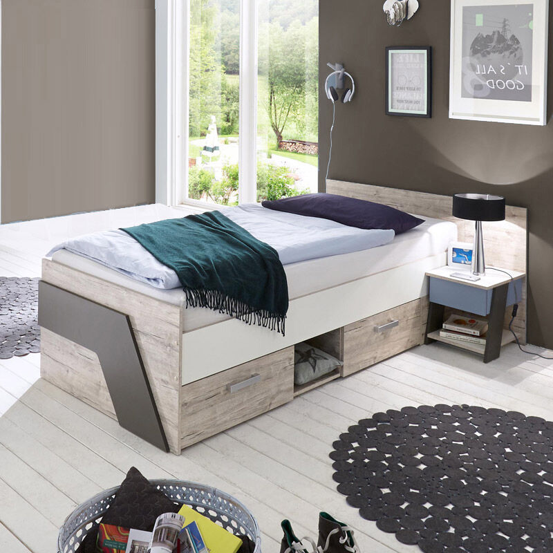 Lomadox - Jugendbett Set mit Nachttisch LEEDS-10 in Sandeiche Nb. mit weiß, Lava und Denim Blau, 90x200cm