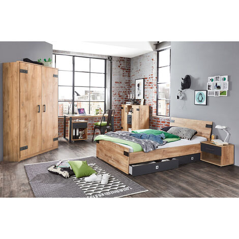 Jugendmöbel Set mit Bett 140 inkl. Nachttisch und Kleiderschrank 90cm und Schreibtisch Rollcontainer EVERTON-43 8-teilig