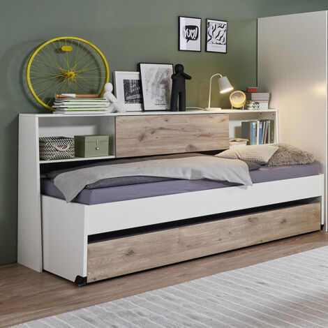 Jugendzimmer-Bett mit 90x200 cm Liegefläche in weiß mit Eiche, mit Bettschublade, Bettüberbau NOLI-43