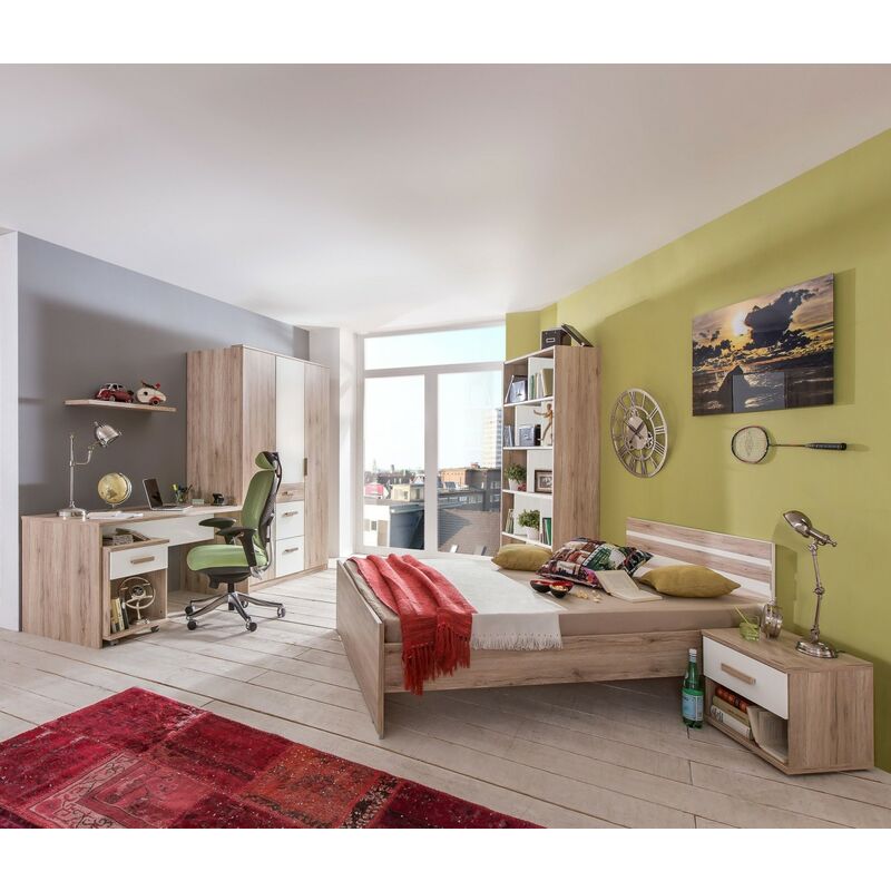 Jugendzimmer Cariba in Eiche San Remo und Weiß 7 teiliges Komplett Set Kleiderschrank 90x200 Jugendbett Nachttisch Schreibtisch Rollcontainer Regalen