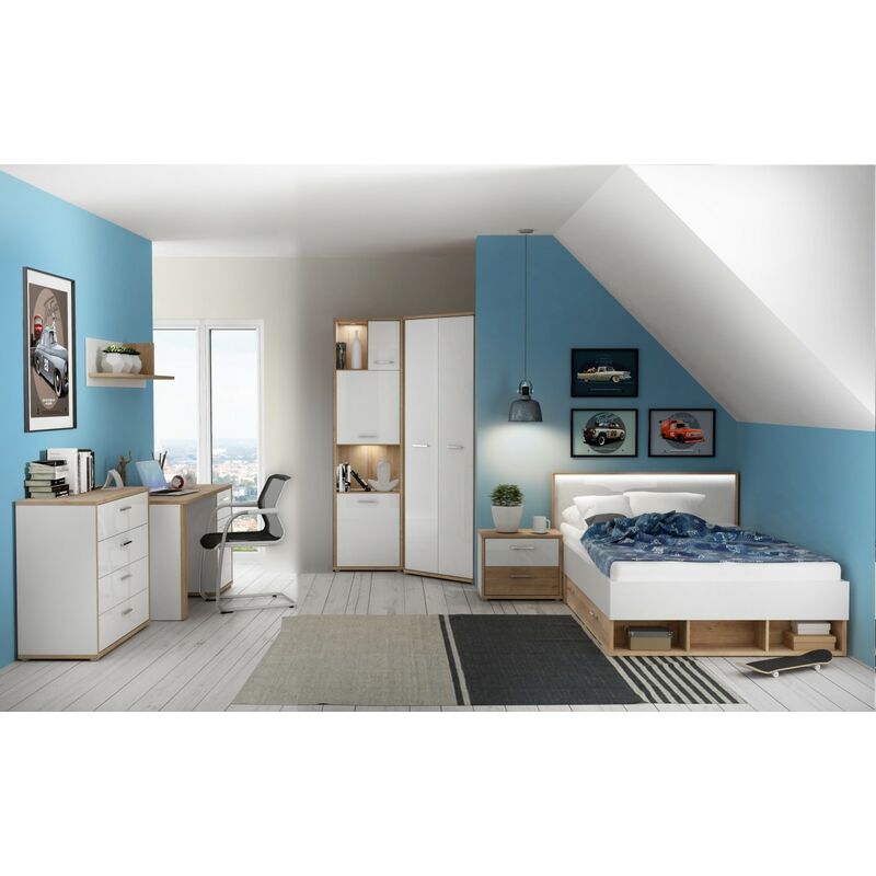 Möbel-direkt - Jugendzimmer Chicory 8 teiliges Komplett Set in Eiche Riviera und Weiß Hochglanz mit Eckleiderschrank Kleiderschrank 120x200