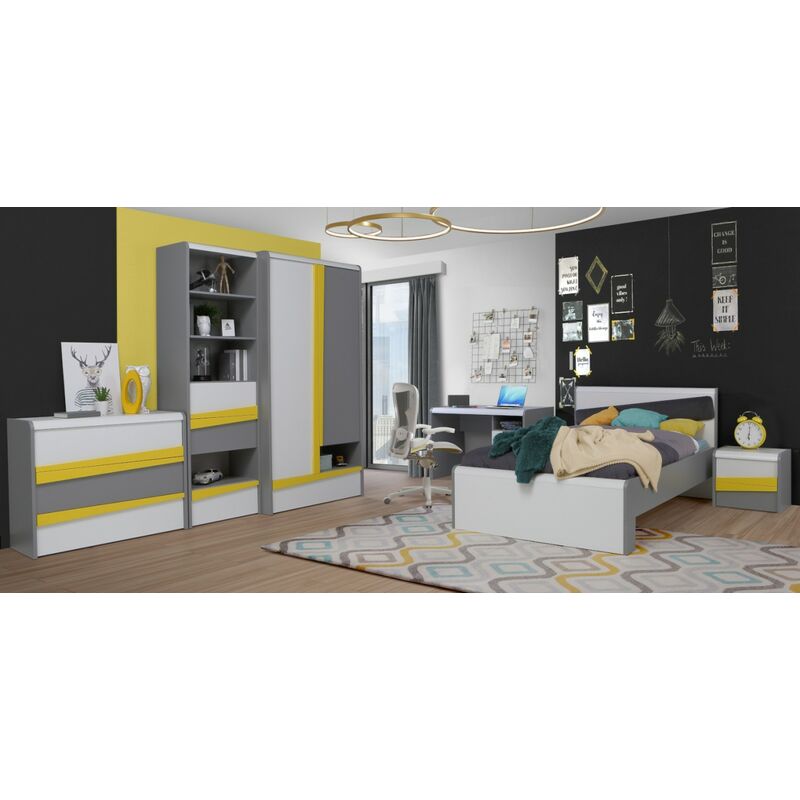 Jugendzimmer Divertido 6 teiliges Komplett Set in Weiß, Grau und Gelb mit Kleiderschrank, 120er Jugendbett, Schreibtisch, Kommode, Nachttisch und