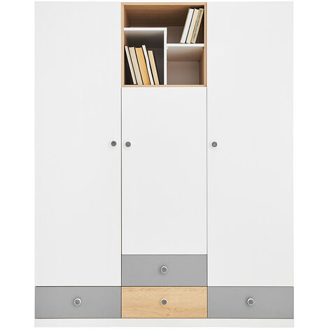 Jugendzimmer Kleiderschrank, 3-türig, Eiche mit weiß und grau PINETO-133