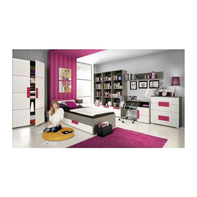 Möbel-direkt - Jugendzimmer Libelle Grau Matt Weiß Violett 9 teiliges Komplett Set mit Kleiderschrank 90x200 Jugendbett Regale Schreibtisch Kommode