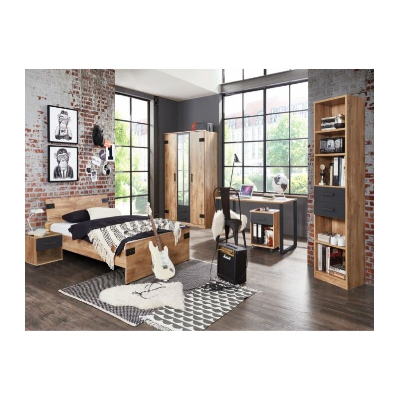 Wimex - Jugendzimmer Liverpool in Plankeneiche mit Absetzungen in Graphit 6 teiliges Komplettset mit Schrank, 140er Bett, Nachttisch, Standregal,